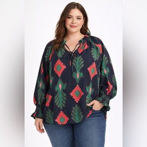 First Love Ikat Peasant Blouse 1X Navy Coral Green Boho Ruffle Tie Neck
